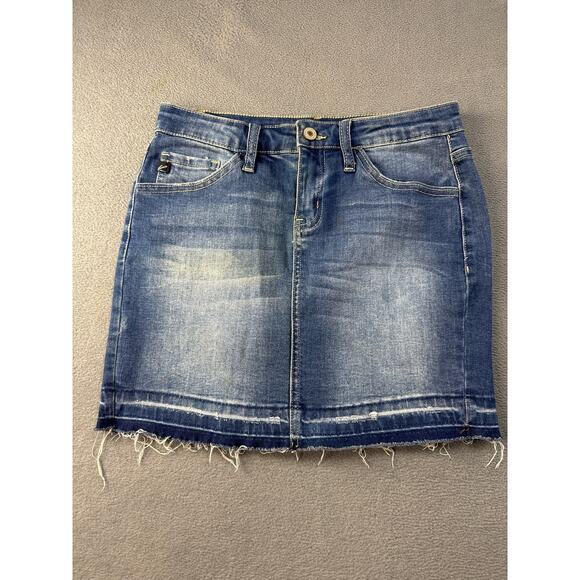 KANCAN Y2K‎ Distressed Frayed Raw Hem Denim Mini Jean Skirt Pockets Stretch 1/24 - Picture 1 of 8